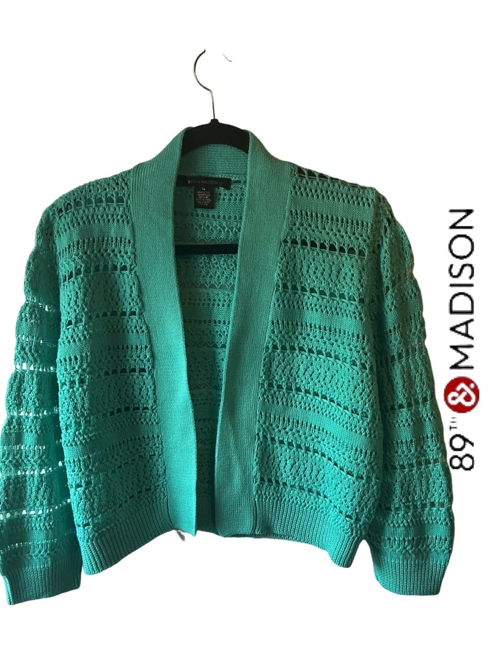 89th & Madison Teal Open-Front Crochet Cropped Cardigan